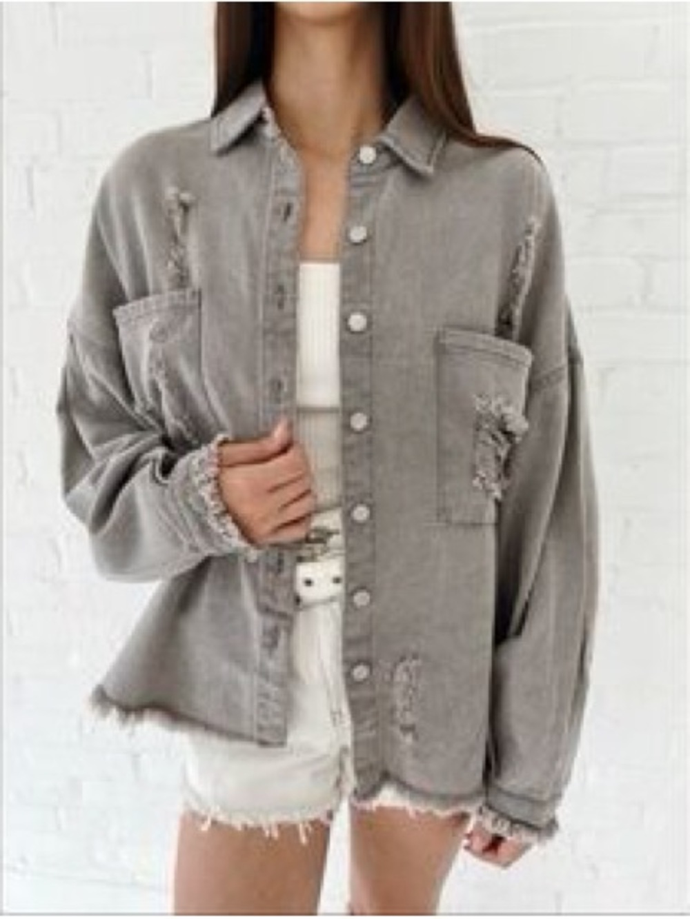 POL 100% Cotton Washed Gray Distressed Button-Front Jean Shirt Jacket Shacket(L)